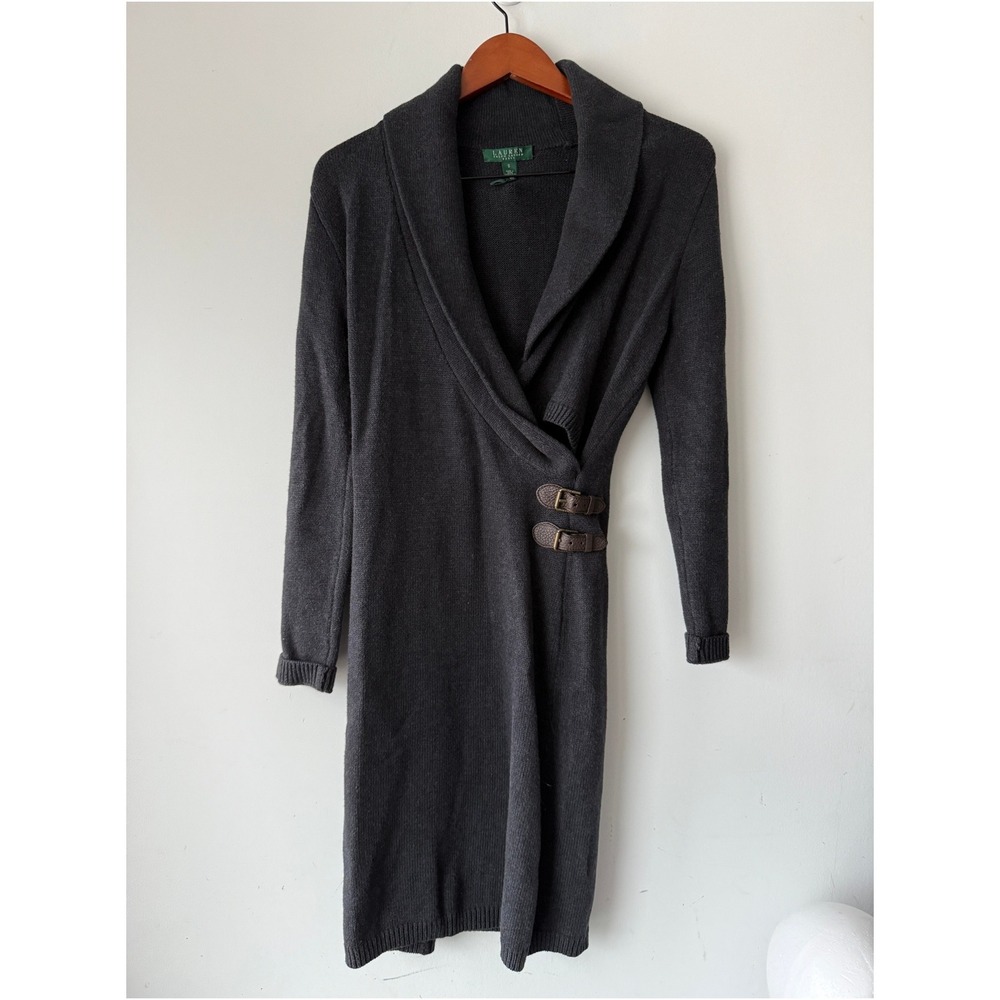 Lauren Ralph Lauren Dark Grey Cotton/Cashmere Buckle Wrap Sweater Dress Small